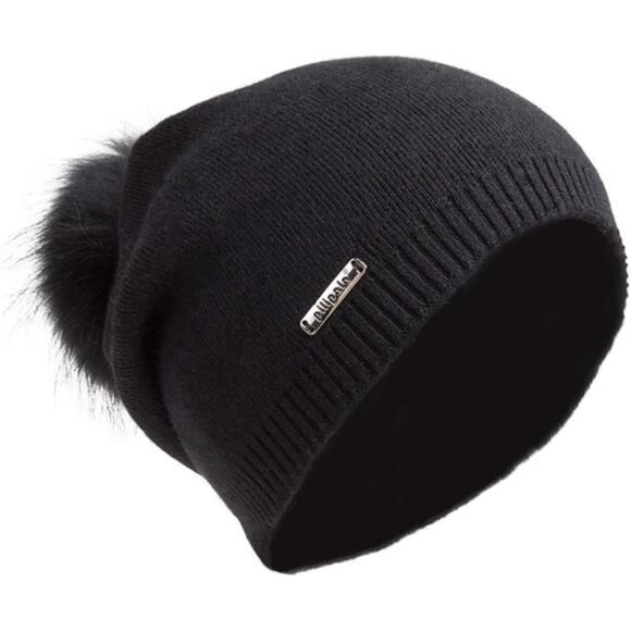 Accessories - Women's Slouchy Beanie Hat with Fur Pompom Warm Winter Hat